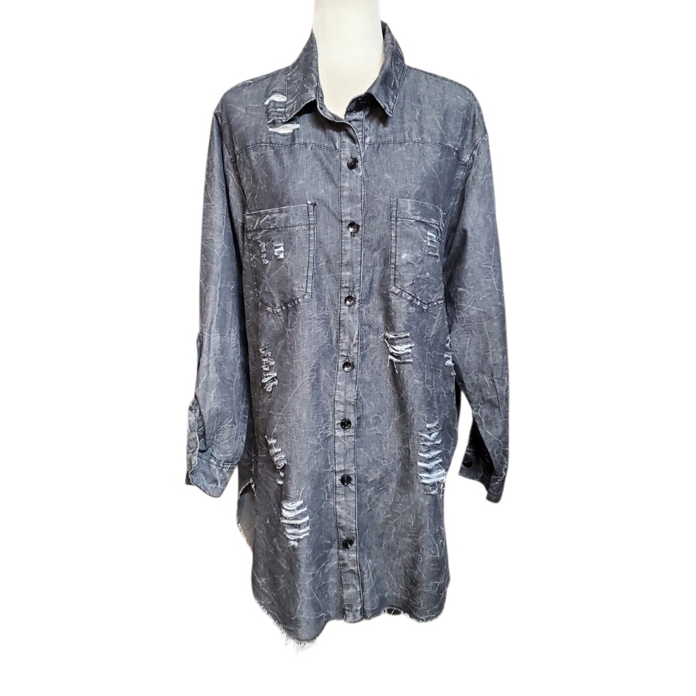 Thrill Jeans Distressed Shirt Women's Size 2X Black Dark Wash Hi Low Raw Hem - Picture 2 of 13